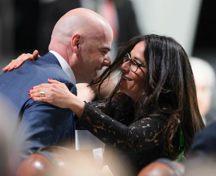 WARM HUG: Leena Al Ashqar was present when Infantino won the 2016 FIFA presidential race. Photo: Fabrice Coffrini / AFP PHOTO / NTB